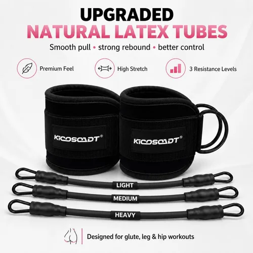 Vista 9 de Ankle Resistance Bands with Cuffs, Natural Latex Tubes, 3 Levels for Leg and Glute Workouts, Padded Ankle Straps for Kickbacks, Hip Training and