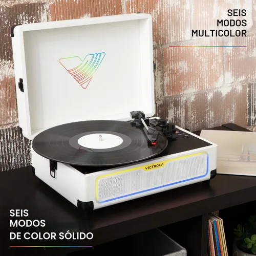 Vista 4 de Victrola Journey Glow - Tocadiscos de maleta iluminada - 18 efectos de luz RGB, altavoces estéreo con graves mejorados, transmisión Bluetooth (negro)