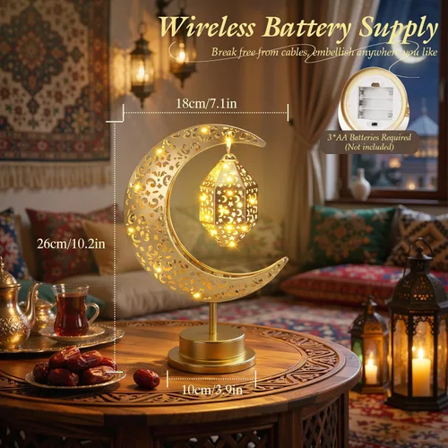 Vista 4 de Luxspire Lámpara de luna de Ramadán, luna creciente y estrella, luces de Ramadán, decoraciones para el hogar, decoración de Eid Mubarak, faroles