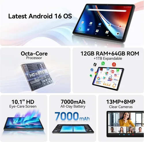 Vista 10 de 10.1 Inch Android 16 Tablet, 12GB + 64GB, Helio G80 for Home Use, WiFi