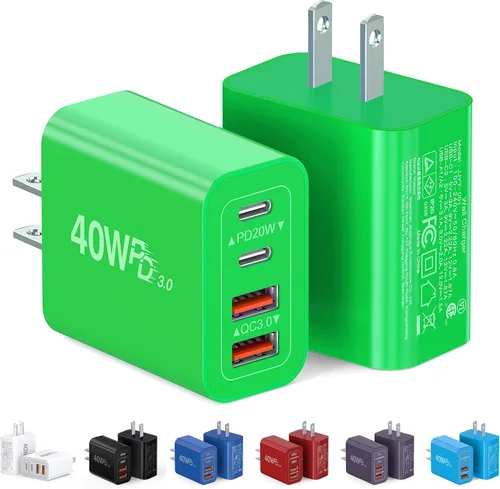 Vista 11 de Bloque de cargador USB C de 40 W, paquete de 2 ladrillos de carga rápida de 4 puertos tipo C, adaptador de enchufe de pared dual PD&QC, ladrillo