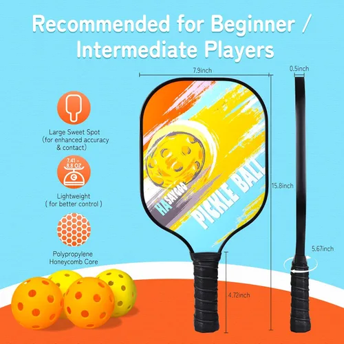 Vista 5 de Juego de 2 palas de pickleball con bolsa y entrenador para principiantes, raquetas ligeras de fibra de vidrio, núcleo de panal, equipo de cardio