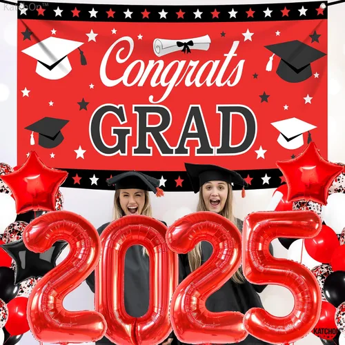 Vista 7 de KatchOn, Juego de 40 decoraciones de graduación rojas y negras 2025, globos rojos 2025, pancarta de felicitaciones para graduación de clase de 2025