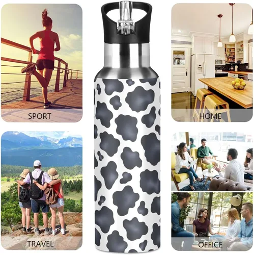 Vista 5 de Black White Cow Spots Insulated Stainless Steel Water Bottle with Straw 20 Oz Leakproof Water Bottles, BPA-Free Sports Water Bottle with Straw