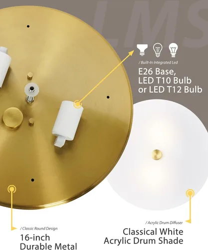 Vista 6 de LMS Lámpara de techo empotrada, moderna lámpara de techo de baño dorada cepillada con tambor blanco lechoso pantalla acrílica para cocina, sala