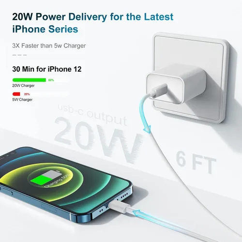Vista 2 de Cargador de teléfono de carga rápida de 6 pies, bloque de cargador USB C rápido de 20 W con cable USB C a Lightning de 6 pies de longitud