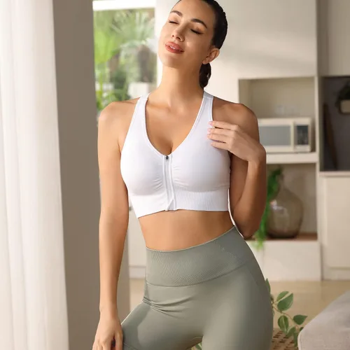 Vista 3 de Evercute Sujetador deportivo con cremallera frontal para mujer, brasier deportivo sin alambre, con tirantes acolchados, soporte medio, para yoga