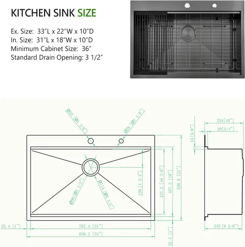 Vista 4 de Fregadero de cocina de 33 x 22 pulgadas, fregadero de cocina negro de 33 pulgadas, fregadero de estación de trabajo de acero inoxidable 304 negro