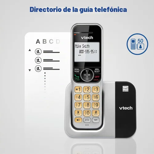 Vista 6 de Sistema de teléfono inalámbrico VTech para el hogar con bloqueo de llamadas, pantalla grande y botones, pantalla retroiluminada, altavoz