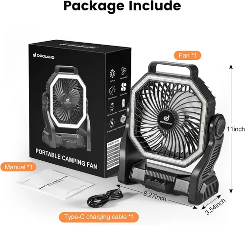 Vista 6 de Odoland Ventilador recargable portátil, ventilador de camping de 20000 mAh con linterna LED 4-Speed Airflow & 3-Color Light Oscillating Fan with