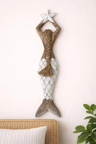 Vista 2 de OMA Arte de pared de sirena para decoración del hogar, playa náutica costera, madera, sirena, estrella, estatua colgante, escultura para decoración