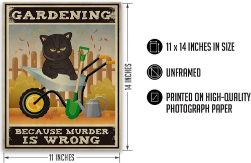 Vista 3 de Gardening Because Murder Is Wrong Room Decor - Retro Wall Decor for Kitchen Bakery Bathroom Bedroom - Funny Wall Art Gift for Women Men Cat Lovers