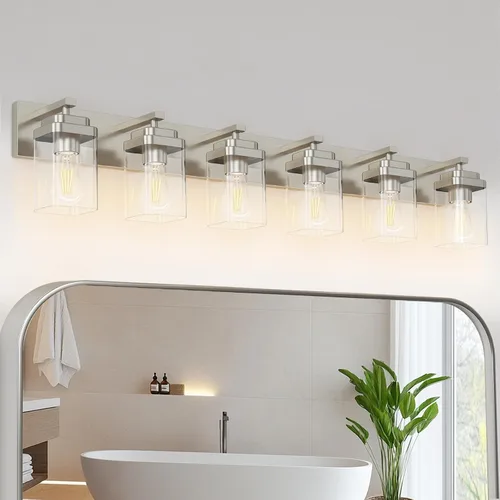 Vista 21 de Lámparas blancas para baño, 2 luces de baño, accesorios de iluminación sobre el espejo, diseño cuadrado y placa trasera grande rectangular