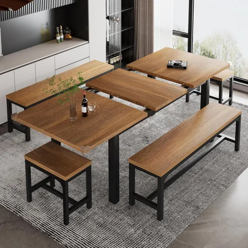 Vista 14 de iPormis Juego de mesa de comedor extensible de 7 piezas con 6 taburetes, juego de mesa de cocina de 63 pulgadas para 4 a 8 personas, mesa de comedor