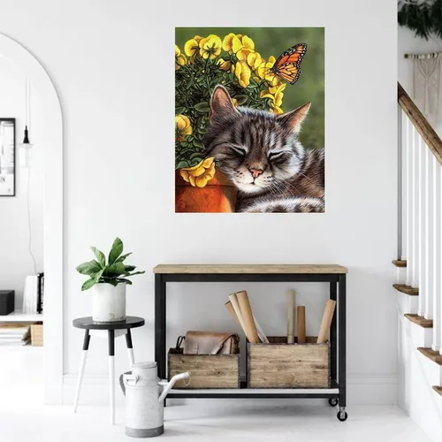 Vista 5 de KEOOID Kits de pintura de diamantes de flores para adultos, niños y principiantes, arte redondo con gemas de gato y mariposa con diamantes 5D