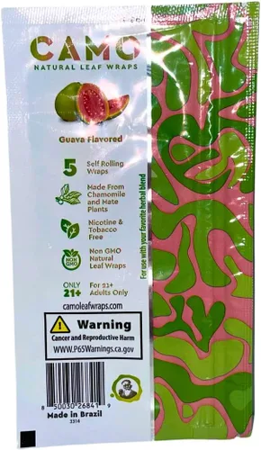 Vista 9 de Envolturas de hojas naturales afganas de camuflaje de varios sabores – 125 (25 x 5) envolturas de hojas por caja – (guayaba) con una calcomanía
