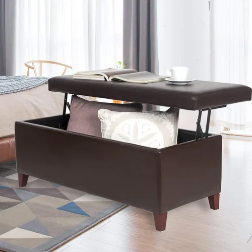 Vista 9 de Joveco Mesa auxiliar rectangular con bandeja elevadora, banco otomano de almacenamiento con patas de metal, banco tapizado en el extremo de la cama