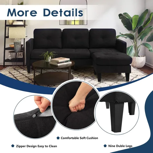 Vista 4 de Sofá modular convertible, moderno en forma de L, sofá de 3 asientos, modular reversible para sala de estar, apartamento y espacio pequeño (negro)