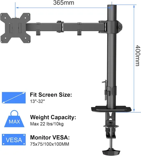 Vista 3 de Suptek Soporte para monitor LED LCD de escritorio resistente, totalmente ajustable para 1 / una pantalla de hasta 27 pulgadas Negro