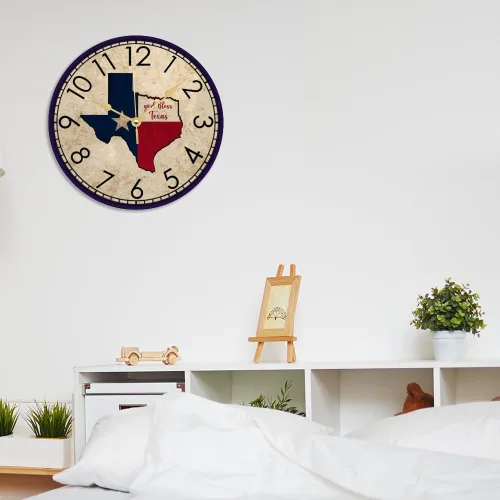 Vista 5 de God Bless Texas - Reloj de pared de madera rústico toscano con pilas, silencioso, sin tictac, relojes de pared con números, relojes de pared