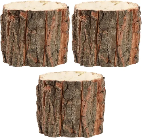 Vista 9 de Yardwe 3 macetas rústicas con diseño de corteza, macetas decorativas de aspecto de madera para suculentas, recipientes pequeños para plantas