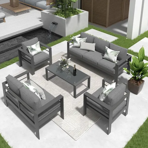 Vista 10 de Solaste Juego de muebles de aluminio para exteriores, juego de conversación de sofá seccional de 4 piezas con mesa de centro de vidrio templado