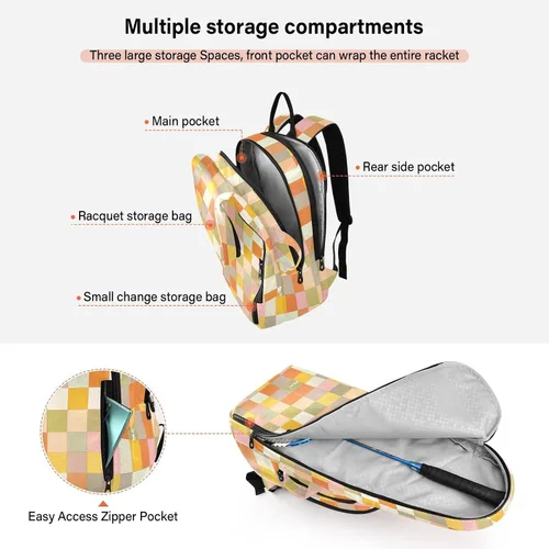 Vista 5 de Mochila de tenis para adultos, grande, resistente, a cuadros, color naranja, rojo, beige, 3 raquetas, cubierta de raqueta de bádminton para mujeres