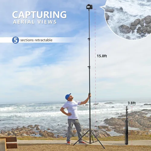Vista 2 de 【Resistente de 16 pies】Trípode RAUBAY Extreme Tall para cámara de video deportiva con amortiguación de aire, soporte de luz telescópico de aleación