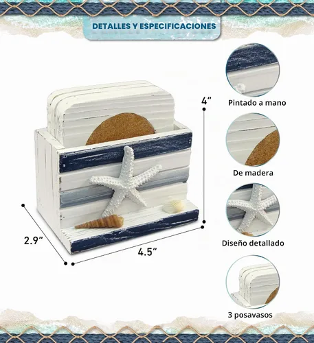 Vista 2 de Puzzled Posavasos de madera con rayas blancas y azules para decoración