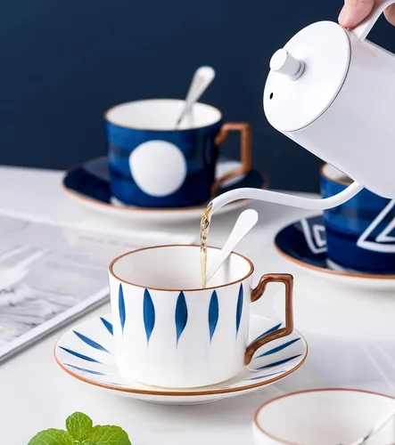 Vista 6 de Jusalpha Estilo japonés impreso a mano - Taza de té de porcelana fina de 7 onzas/taza de café con cuchara y bandeja/platillo, vajilla, porción de 4