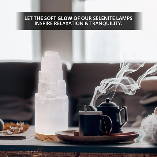 Vista 10 de Himalayan Glow Lámpara de cristal selenita de 7.9 in, grande, curvada a mano, con base de madera (certificado ETL) y cable de carga USB