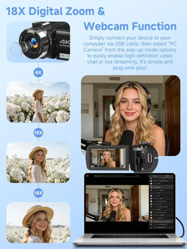 Vista 6 de Videocámara de video 4K con tarjeta SD de 64 GB, cámara WiFi de 56 MP para YouTube, visión nocturna IR, pantalla táctil de 3.0 pulgadas, zoom