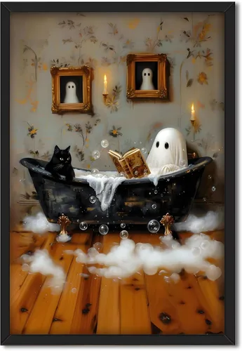 Vista 24 de Arte de pared vintage de Halloween embrujado de granja, parche de calabaza rústica con bonitos fantasmas, póster impreso en lienzo espeluznante