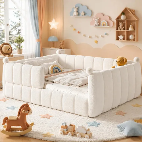 Vista 24 de Cama de suelo tapizada con valla, cama de piso tamaño individual con Beige