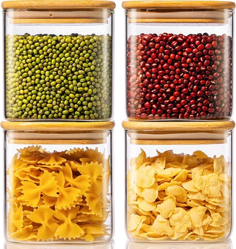 Vista 8 de Paquete de 4 tarros cuadrados de vidrio de 21 onzas con tapas de bambú, recipientes de almacenamiento de alimentos de vidrio con tapas herméticas