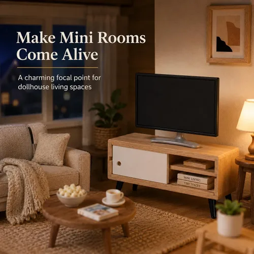 Vista 7 de NUOBESTY Mueble de TV y madera para casa de muñecas, monitor de juguete realista a escala 1/12, soporte de TV en miniatura moderno para casa