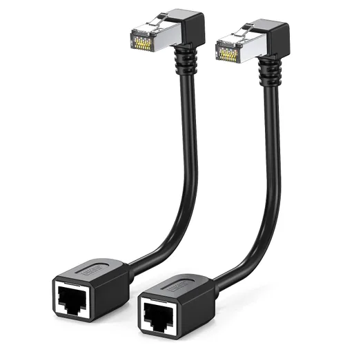 Vista 15 de Paquete de 2 cables de extensión Ethernet Cat 7 de 6 pulgadas, 10Gbps 90 grados en ángulo descendente RJ45 macho a hembra, cable de conexión LAN