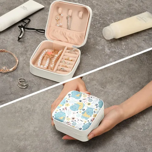 Vista 5 de ZZKKO Joyero pequeño con diseño floral de hipopótamo, joyero de viaje, organizador de viaje de cuero, mini cajas de almacenamiento portátiles