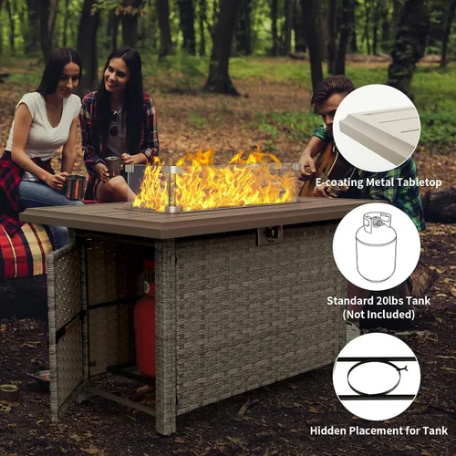 Vista 8 de WAROOM Fogata de propano para exteriores, mesa de fogata de patio de mimbre PE de 43 pulgadas con protector contra el viento de vidrio, vidrio