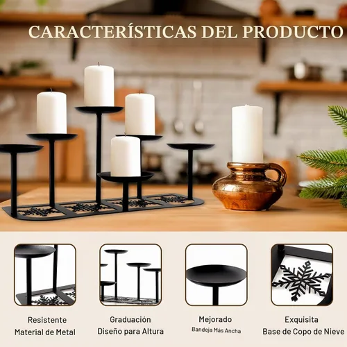 Vista 3 de Portavelas de chimenea de metal negro mate con 6 soportes de velas, decoración de manto para velas sin llama o de cera, mesa de piso, centro de 6