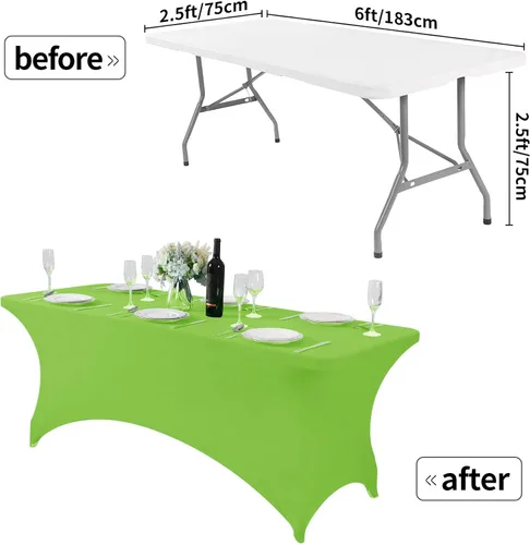 Vista 4 de Mantel de elastano para mesa de 6, 4 o 8 pies, universal, ajustable, para fiestas, banquetes, bodas y eventos, color verde manzana