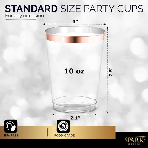 Vista 3 de Vasos de plástico color oro rosa desechables, paquete de 50 vasos de fiesta transparentes de 10 onzas, vasos de vino de plástico resistentes