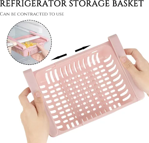 Vista 3 de Organizador de cajones para refrigerador, 2 paquetes, caja de almacenamiento retráctil, diseño único, estantes deslizantes extraíbles (rosa caqui)