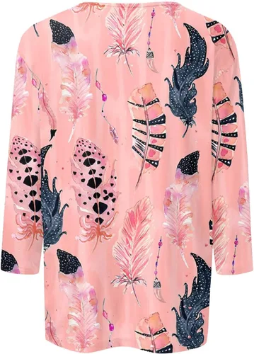 Vista 3 de Camisas de manga 34 para mujer, estilo bohemio, estampado, cuello redondo, casuales, básicas, blusas holgadas