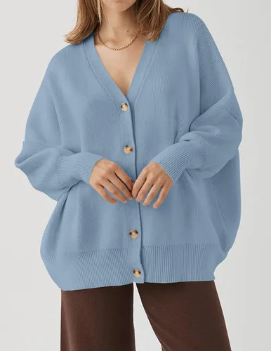 Vista 2 de ZESICA Cárdigan casual de manga larga para mujer, cuello en V, con botones, frente abierto, holgado, de gran tamaño, para mujer