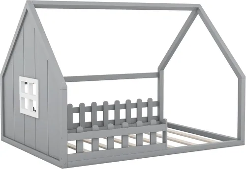 Vista 9 de Polibi Cama de casa de tamaño completo, marco de cama de piso de madera con ventana y valla para niños, gris