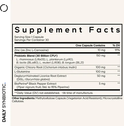 Vista 2 de Codeage Suplemento sinbiótico diario – Prebióticos, probióticos Lactobacillus y bifidobacterias, L-glutamina, L-Carnosina de zinc, DGL, probiótico
