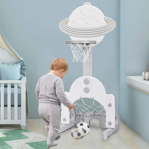 Vista 8 de AKUSTIK 3 in 1 Toddlers Basketball Hoop Stand, Adjustable Height Sports Center with Basketball Soccer Golf Game Set, Portable Indoor Outdoor