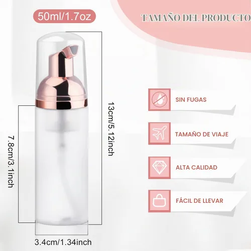 Vista 2 de 5 botellas de espuma esmerilada de plástico transparente de 1.7 fl oz/1.7 oz con cabezal de bomba de oro rosa, mini dispensador de jabón, botellas