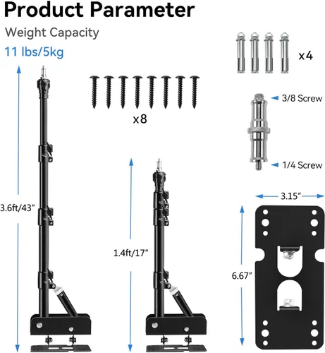 Vista 2 de Soporte de Pared para Luz de Anillo, Soporte de Pared para Luz de Anillo de 3.6 pies/43 pulgadas, Rotación Flexible de 180º, Brazo Triangular
